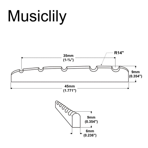 Dimensions of musiclily basic 5 string electric bass pre slotted brass nut 45x6x9mm mx2302
