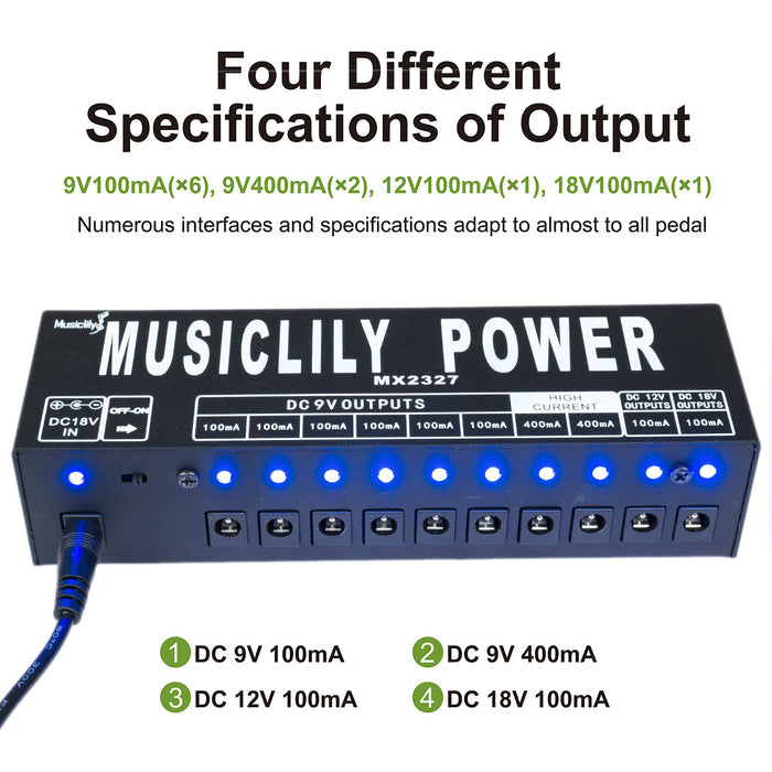 detail of musiclily pro guitar power supply 10 way isolated dc output for 9v 12v 18v effect pedal with au standard adapter mx2327au