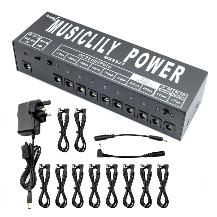 musiclily pro guitar power supply 10 way isolated dc output for 9v 12v 18v effect pedal with uk standard adapter mx2327uk