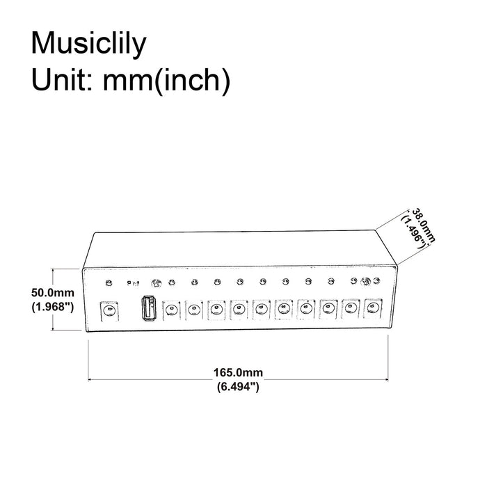 Dimensions of musiclily pro guitar power supply 10 way isolated dc output for 9v 12v 18v effect pedal with usb port au standard adapter mx2328au