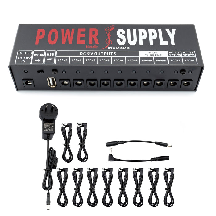 musiclily pro guitar power supply 10 way isolated dc output for 9v 12v 18v effect pedal with usb port au standard adapter mx2328au