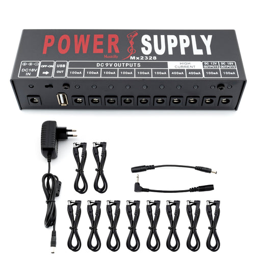 musiclily pro guitar power supply 10 way isolated dc output for 9v 12v 18v effect pedal with usb port eu standard adapter mx2328eu