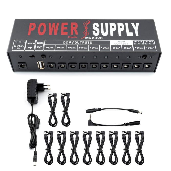 musiclily pro guitar power supply 10 way isolated dc output for 9v 12v 18v effect pedal with usb port eu standard adapter mx2328eu