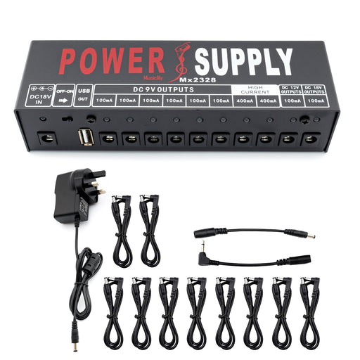 musiclily pro guitar power supply 10 way isolated dc output for 9v 12v 18v effect pedal with usb port uk standard adapter mx2328uk