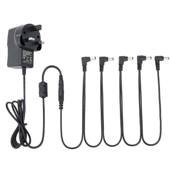 musiclily pro uk standard power supply adapter dc 9v with 5 way daisy chain cable reverse polarity cord for guitar effect pedals mx2331