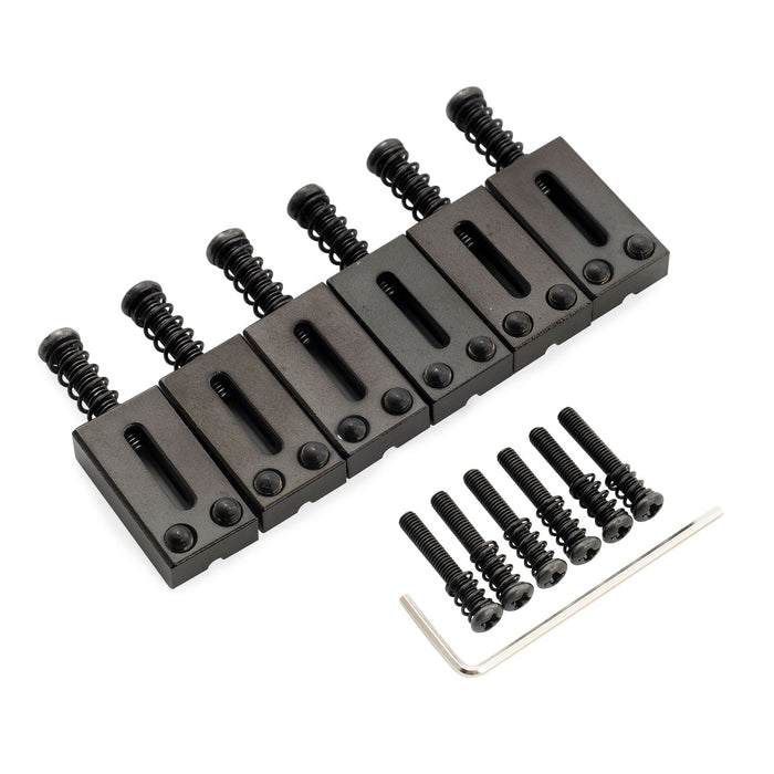 detail of musiclily ultra 10 8mm modern style rectangle full solid brass saddles for strat tele style electric guitar mx2371 6p