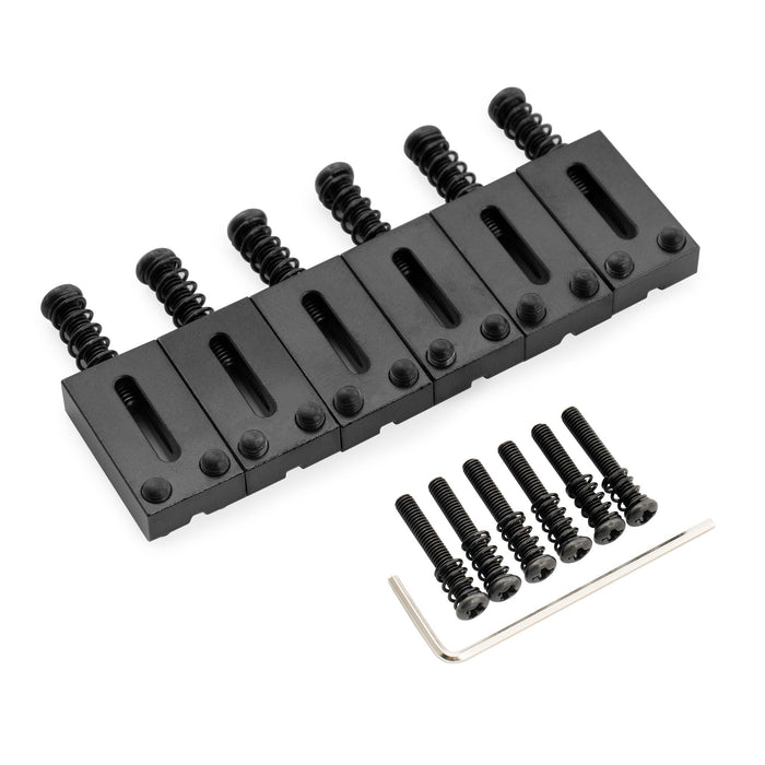 detail of musiclily ultra 11 2mm modern style rectangle full solid brass saddles for vintage strat style electric guitar mx2372 6p