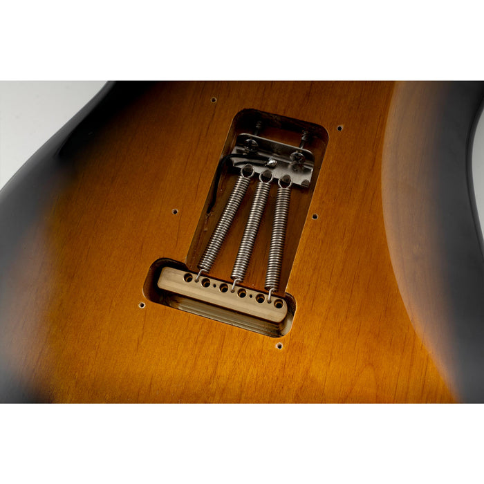 Usage show of musiclily ultra 52 5mm2 1 16 inch standard 6 screw st tremolo bridge with vintage steel bent saddles 36mm solid brass block push in arm for strat style electric guitar mx2373bp