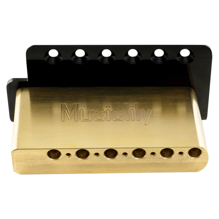 detail of musiclily ultra 52 5mm2 1 16 inch standard 6 screw st tremolo bridge with vintage steel bent saddles 36mm solid brass block push in arm for strat style electric guitar mx2373bp