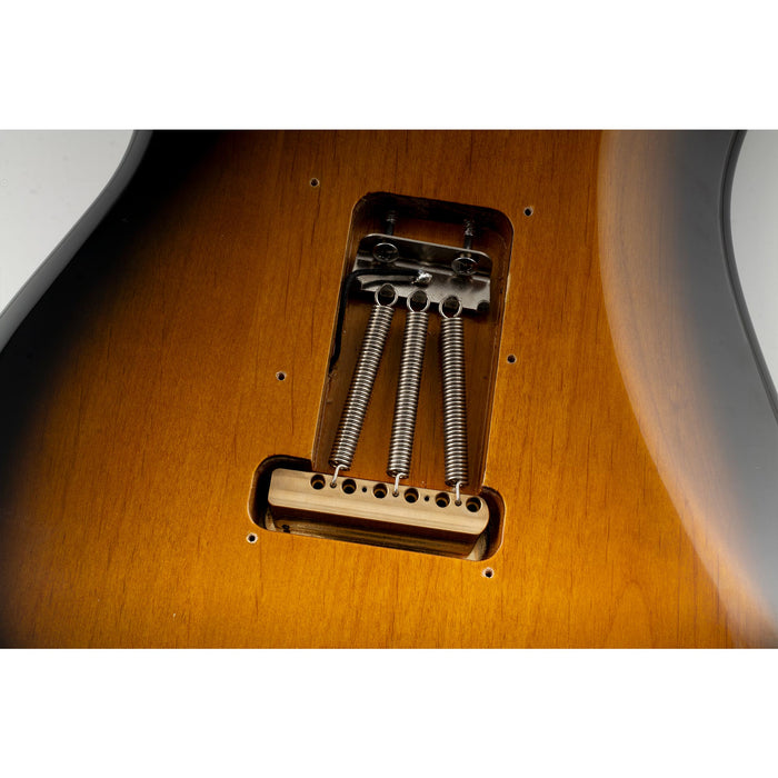 Usage show of musiclily ultra 52 5mm2 1 16 inch standard 6 screw st tremolo bridge with modern brass saddles 36mm solid brass block push in arm for strat style electric guitar mx2373p