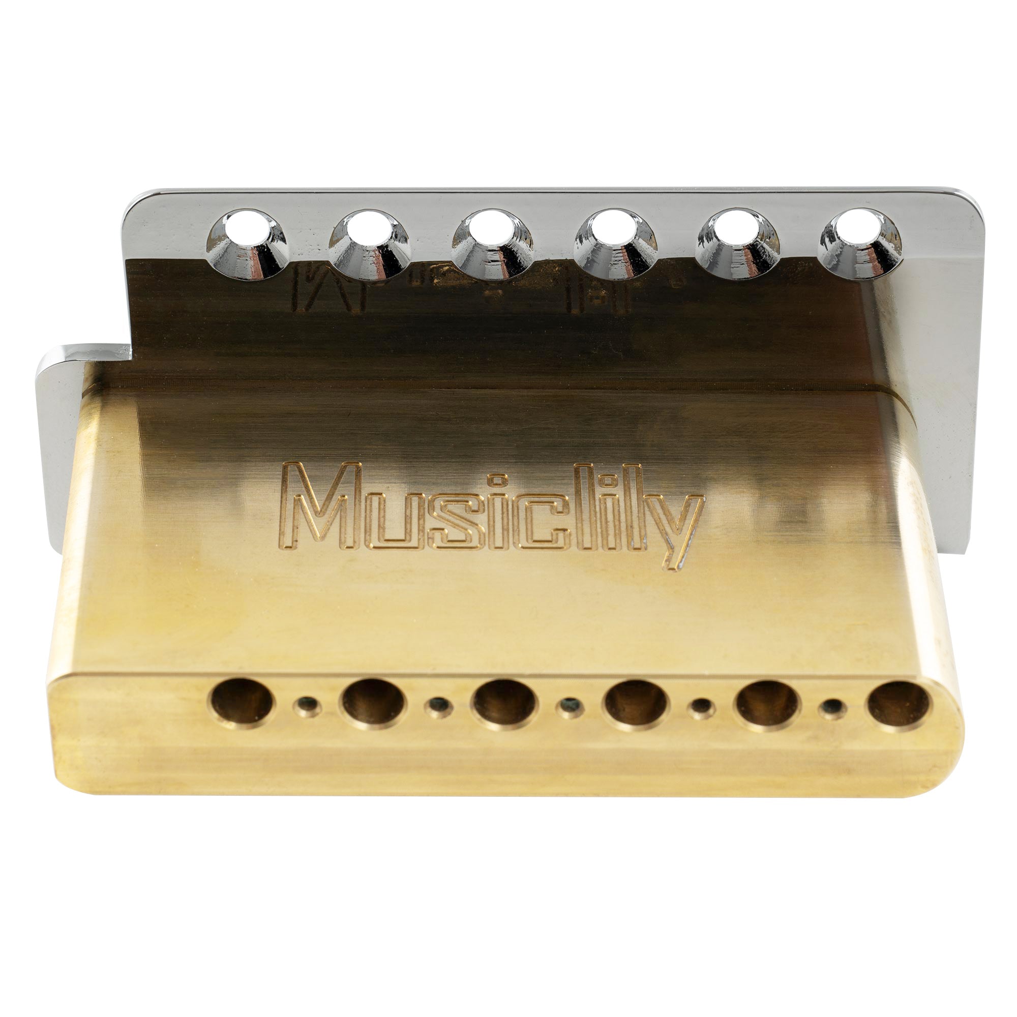 Musiclily Ultra BV007 52,5mm(2-1/16 Zoll) Standard 6-Schrauben ST Tremolobrücke mit modernen Messingsätteln 36mm massives Messingblock Push-In Arm für Strat-Style E-Gitarre