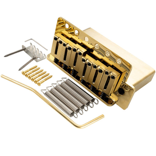 musiclily ultra 52 5mm2 1 16 inch standard 6 screw st tremolo bridge with modern brass saddles 36mm solid brass block push in arm for strat style electric guitar mx2373p, gold