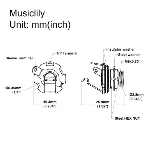 Dimensions of musiclily pro 1 4 inch 6 35mm 2 contact mono output jack socket for electric guitar bass mx2395p