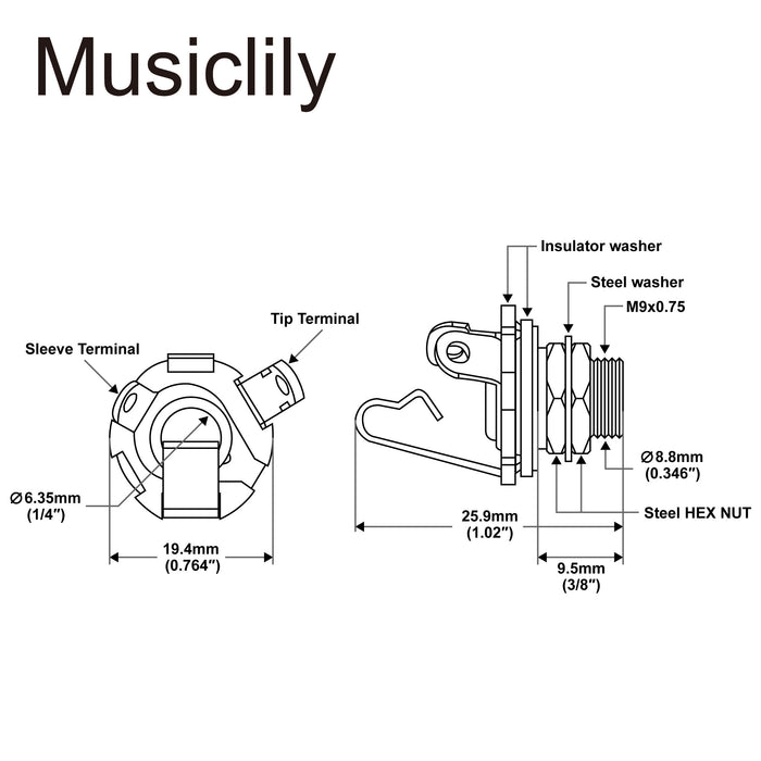 Musiclily Pro 1/4 inch 6.35mm 2 Contact Mono Output Jack Socket for Electric Guitar Bass