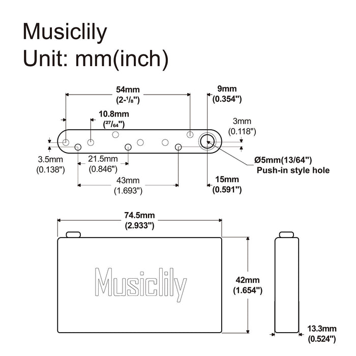 Dimensions of musiclily ultra 54mm2 1 8 inch full solid brass block for strat electric guitar wilkinson wvc wvp tremolo bridge 42mm tall mx2434