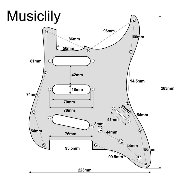 Dimensions of musiclily ultra 11 holes anodized aluminum pickguard for classic vibe vintage 60s strat sss style electric guitar