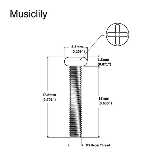 Dimensions of musiclily pro metric m3 16mm steel saddle intonation screws for imported electric guitar bass bridge mx2472 6p
