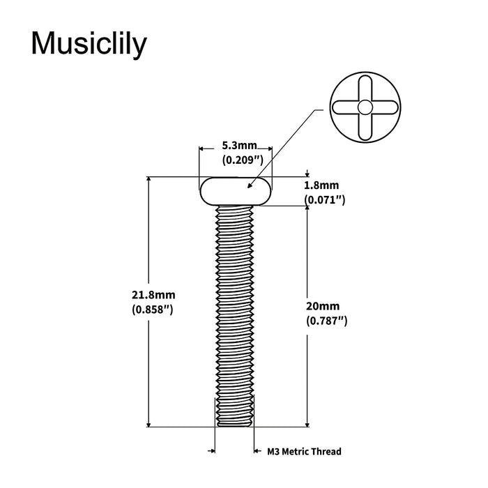 Dimensions of musiclily pro metric m3 20mm steel saddle intonation screws for imported electric guitar bass bridge mx2474 6p