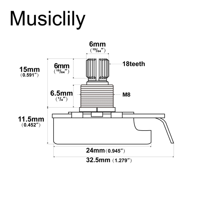 Wholesale-Musiclily Pro HD A250K Vollmessing-Potentiometer, metrisch grob, 18-Spline, geteilte kurze Achse, Audio-Taper, für E-Gitarre und Bass
