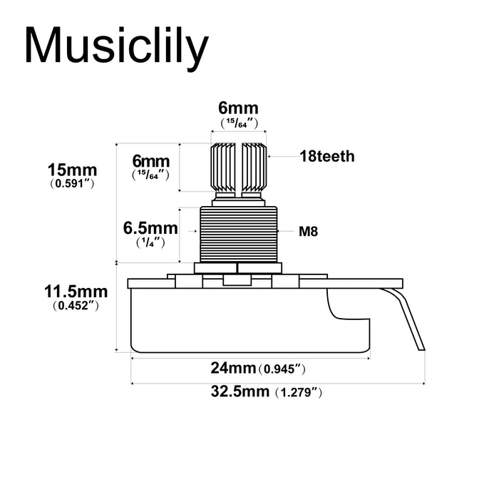 Musiclily Pro HD B250K Full Brass Metric Coarse 18-Spline Split Short Shaft Pots Linear Taper Potentiometers for Electric Guitar Bass (Set of 2)