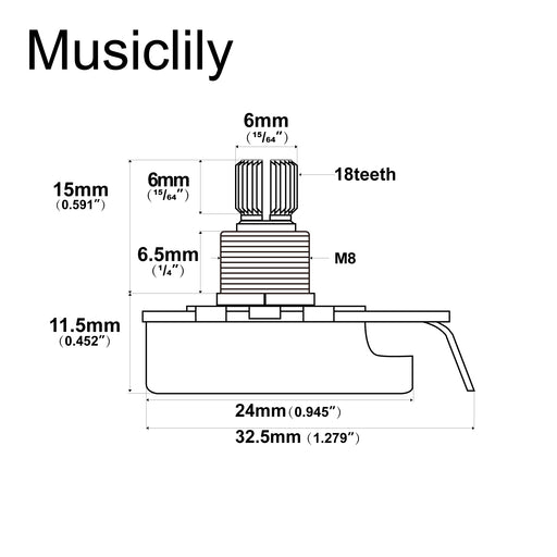 Dimensions of musiclily pro hd b250k full brass metric coarse 18 spline split short shaft pot linear taper potentiometer for electric guitar bass mx2501