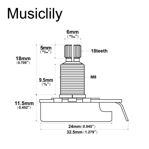 Dimensions of musiclily pro hd b25k full brass metric coarse 18 spline split shaft pot linear taper potentiometer for electric guitar bass mx2505