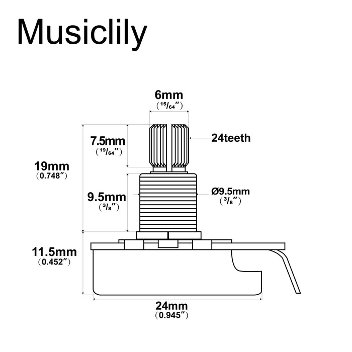 Dimensions of musiclily pro hd 25k full brass inch size fine 24 spline split shaft pot audio linear taper potentiometer for electric guitar bass mx2520