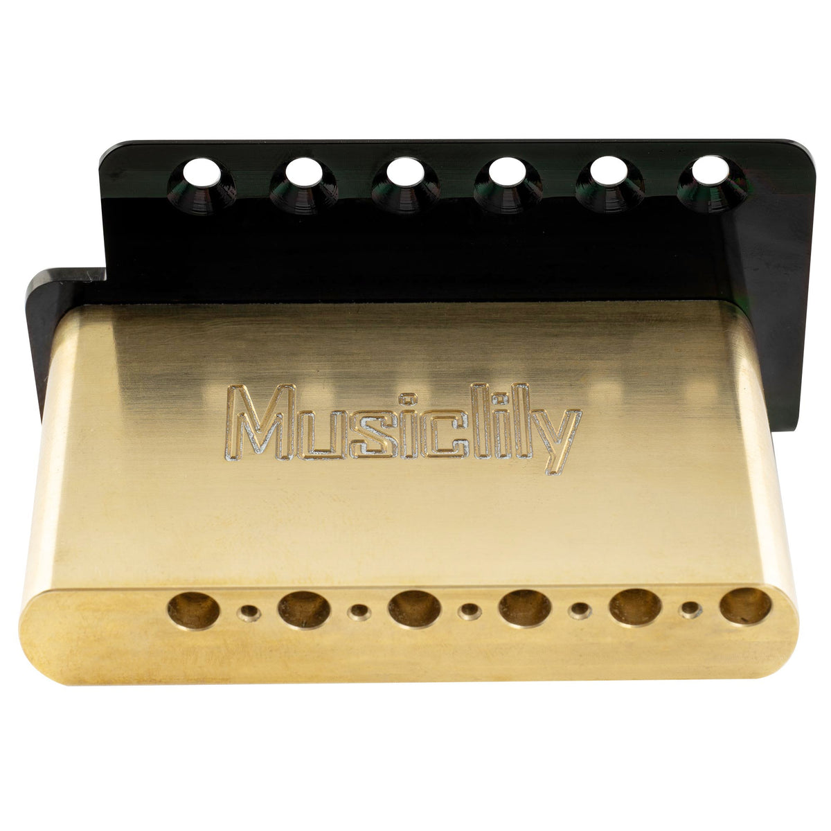 detail of musiclily ultra 52 5mm2 1 16 inch standard 6 screw st tremolo bridge with vintage steel bent saddles 42mm solid brass block push in arm for strat style electric guitar mx2546bp
