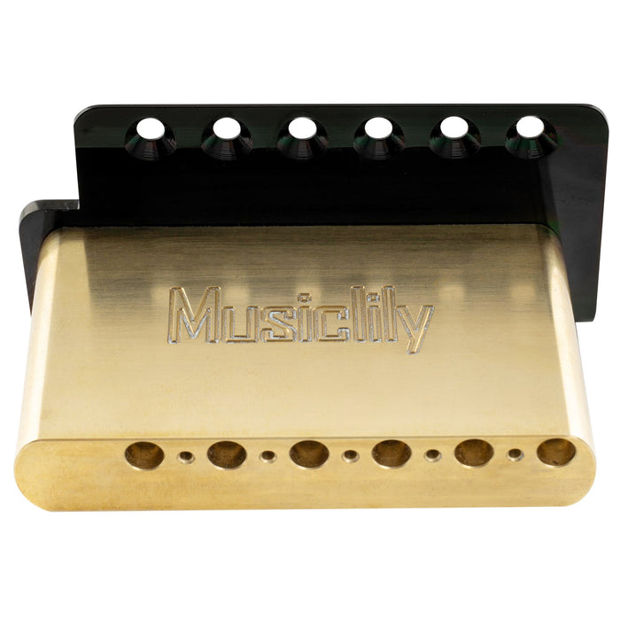 detail of musiclily ultra 52 5mm2 1 16 inch standard 6 screw st tremolo bridge with vintage steel bent saddles 42mm solid brass block push in arm for strat style electric guitar mx2546bp