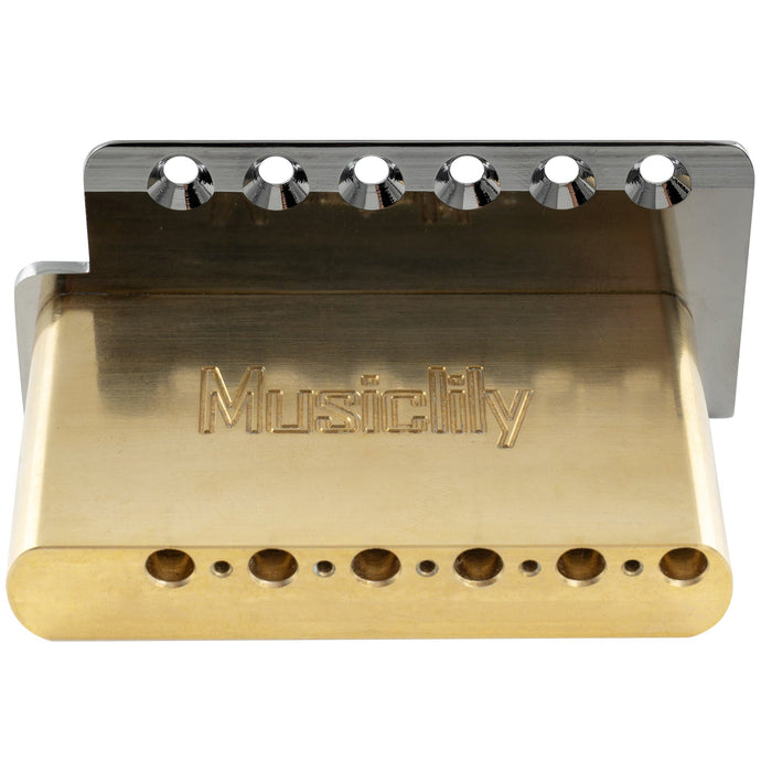 Musiclily Ultra 10.5mmピッチ 6点支持 スタンダード トレモロユニット ブリッジ ヴィンテージな鋼製プレスサドル 42mmソリッド真鍮ブロック 押し込み式アーム STストラトStratエレキギター用 ブラック