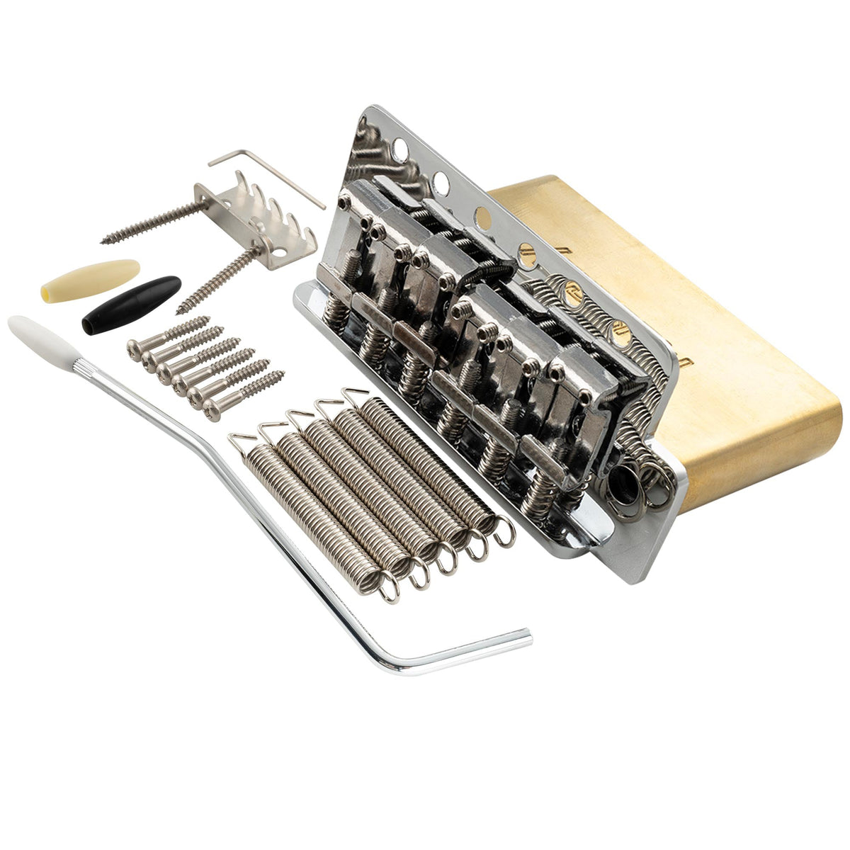 musiclily ultra 52 5mm2 1 16 inch standard 6 screw st tremolo bridge with vintage steel bent saddles 42mm solid brass block push in arm for strat style electric guitar mx2546bp, chrome