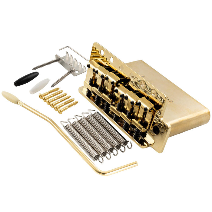 musiclily ultra 52 5mm2 1 16 inch standard 6 screw st tremolo bridge with vintage steel bent saddles 42mm solid brass block push in arm for strat style electric guitar mx2546bp, gold