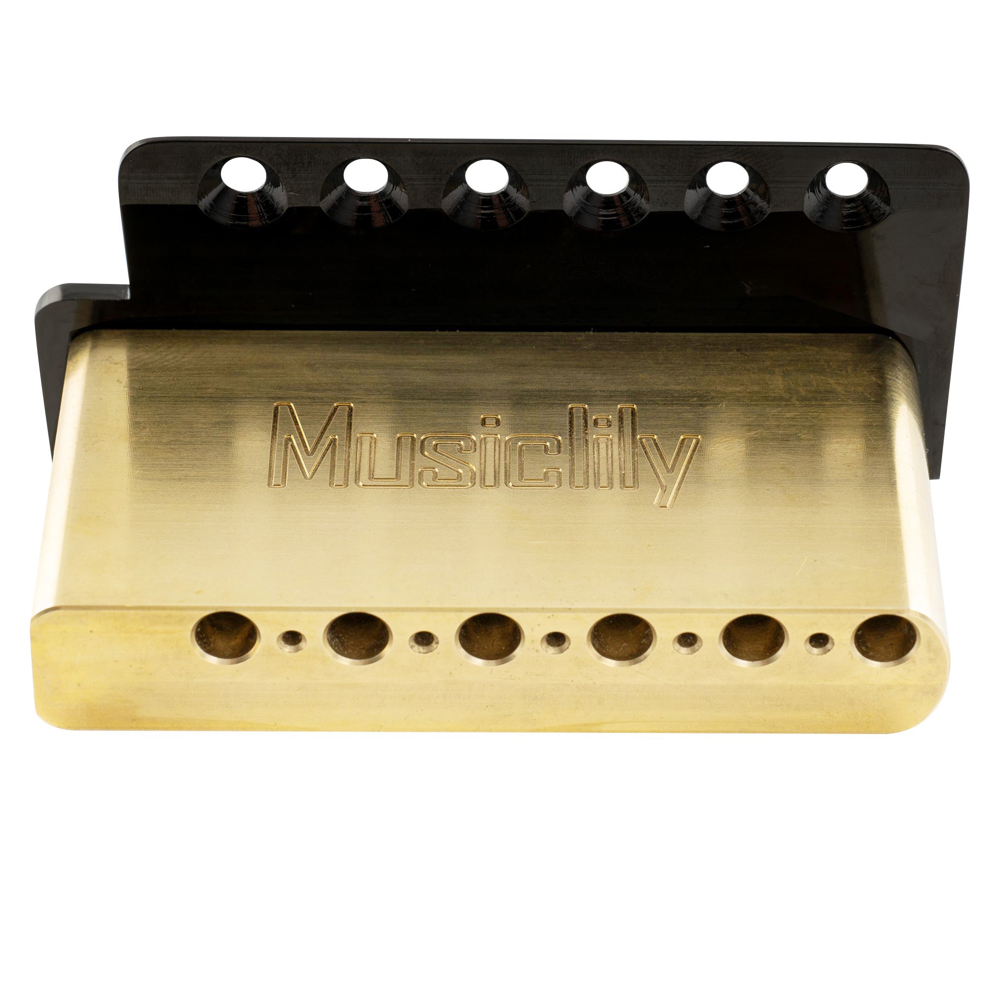 detail of musiclily ultra 52 5mm2 1 16 inch standard 6 screw st tremolo bridge with modern brass saddles 42mm solid brass block push in arm for strat style electric guitar mx2546p