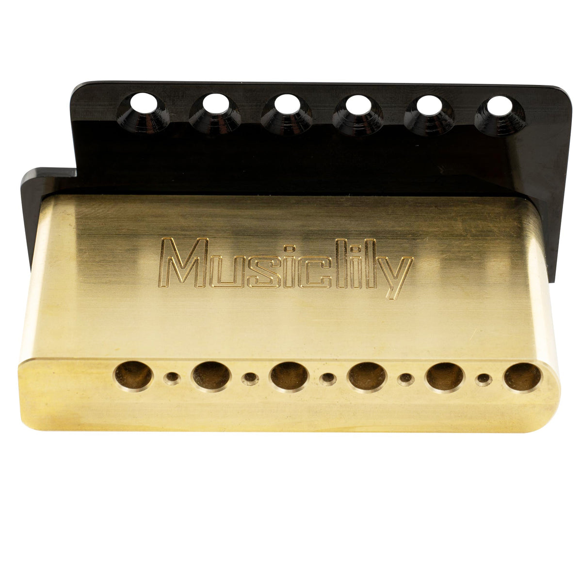 detail of musiclily ultra 52 5mm2 1 16 inch standard 6 screw st tremolo bridge with modern brass saddles 42mm solid brass block push in arm for strat style electric guitar mx2546p
