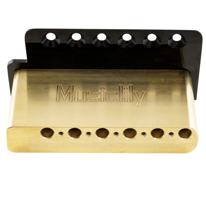 detail of musiclily ultra 52 5mm2 1 16 inch standard 6 screw st tremolo bridge with modern brass saddles 42mm solid brass block push in arm for strat style electric guitar mx2546p
