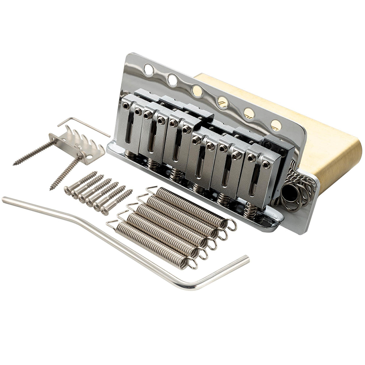 musiclily ultra 52 5mm2 1 16 inch standard 6 screw st tremolo bridge with modern brass saddles 42mm solid brass block push in arm for strat style electric guitar mx2546p, chrome