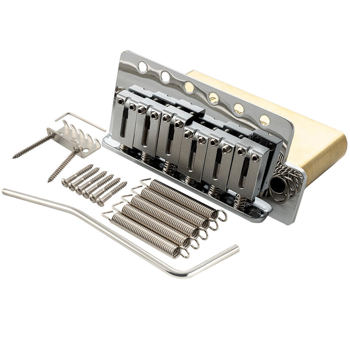 musiclily ultra 52 5mm2 1 16 inch standard 6 screw st tremolo bridge with modern brass saddles 42mm solid brass block push in arm for strat style electric guitar mx2546p, chrome