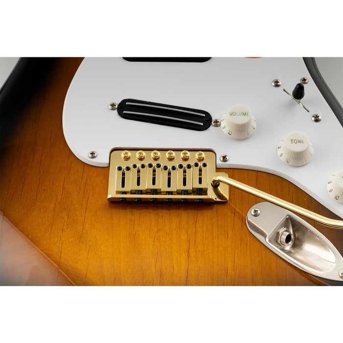 Musiclily Ultra 52,5 mm (2-1/16 Zoll) Standard 6-Schrauben ST-Tremolo-Brücke mit modernen Messing-Satteln, 42 mm massiver Messingblock, Einsteckarm für Elektrogitarren im Strat-Stil
