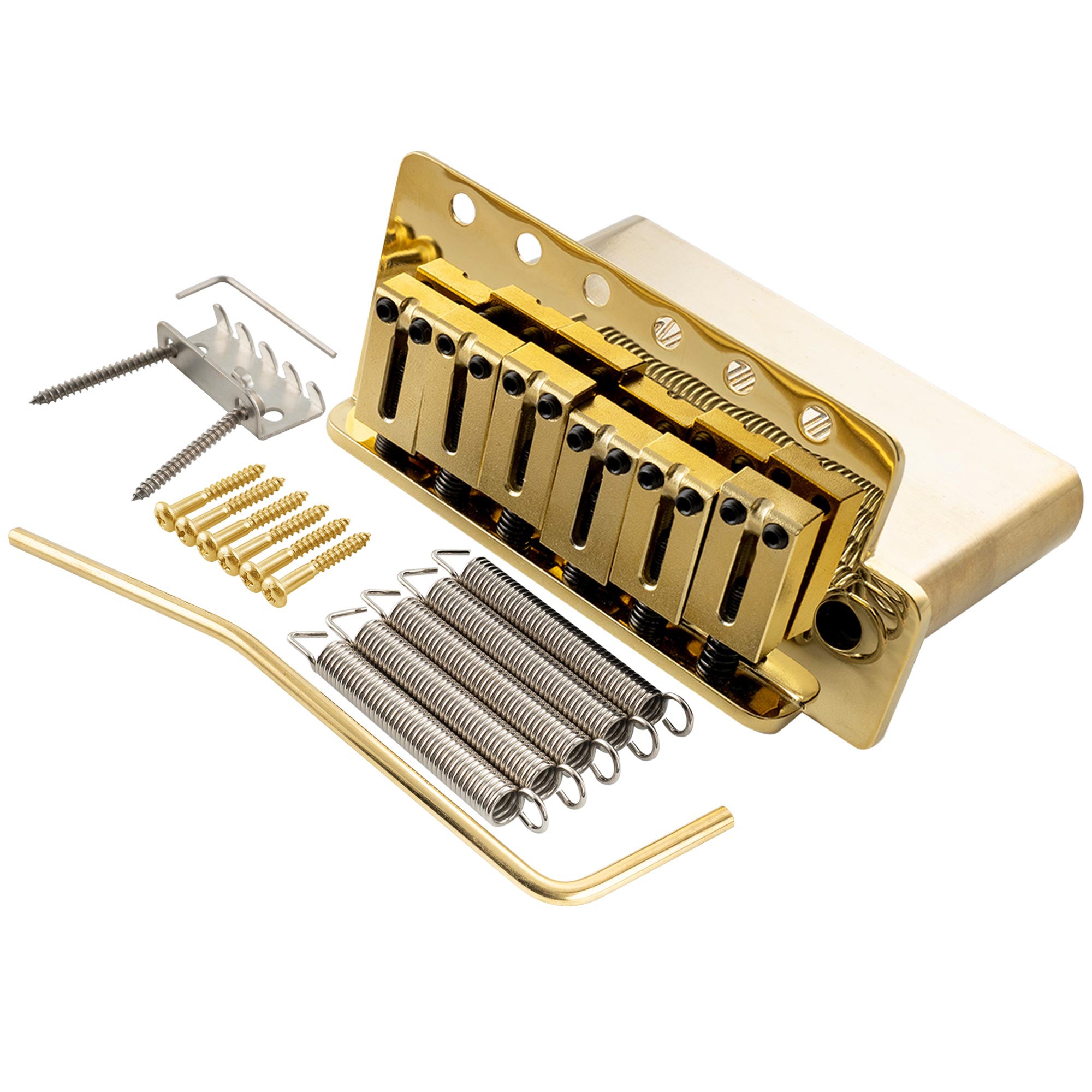 musiclily ultra 52 5mm2 1 16 inch standard 6 screw st tremolo bridge with modern brass saddles 42mm solid brass block push in arm for strat style electric guitar mx2546p, gold