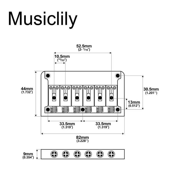 Musiclily Ultra Full Solid Brass 52.5mm(2-1/16 inch) String Spacing Non-tremolo Hardtail Bridge for 6 String Strat Tele Style Electric Guitar