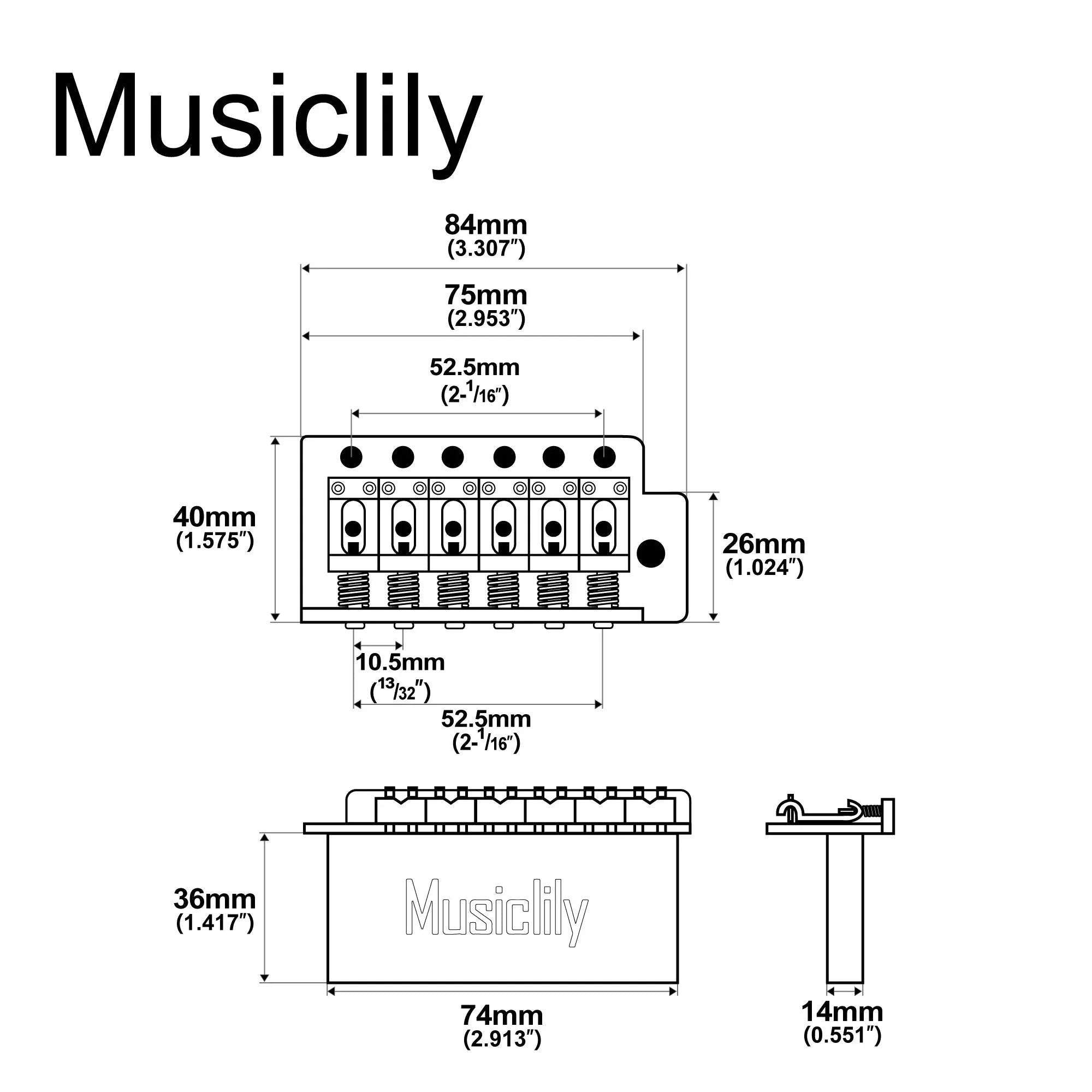 Dimensions of musiclily pro 52 5mm 6 screw vintage style steel bent saddles guitar tremolo bridge with 36mm solid brass block for squier strat style electric guitar mx2587p