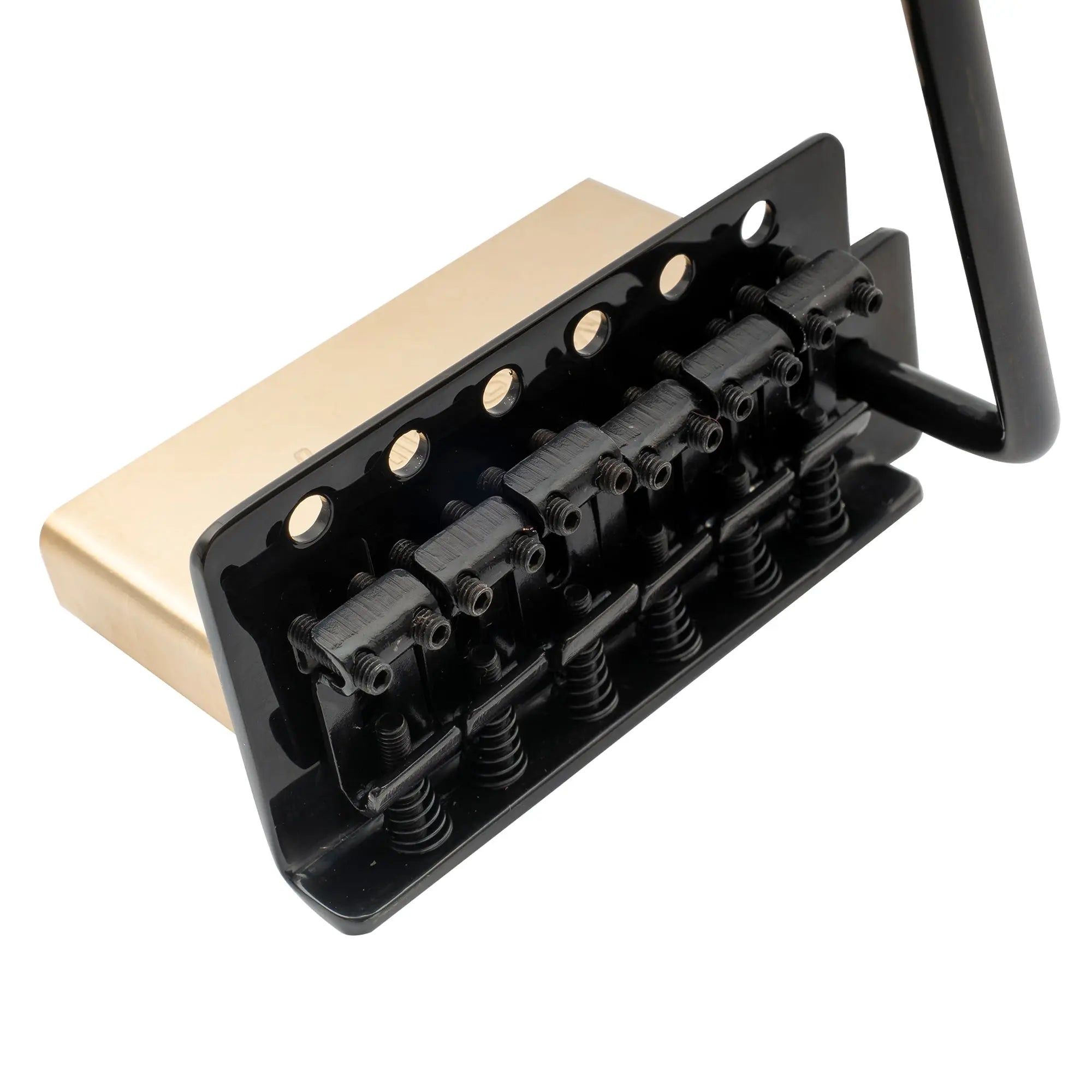 detail of musiclily pro 52 5mm 6 screw vintage style steel bent saddles guitar tremolo bridge with 36mm solid brass block for squier strat style electric guitar mx2587p