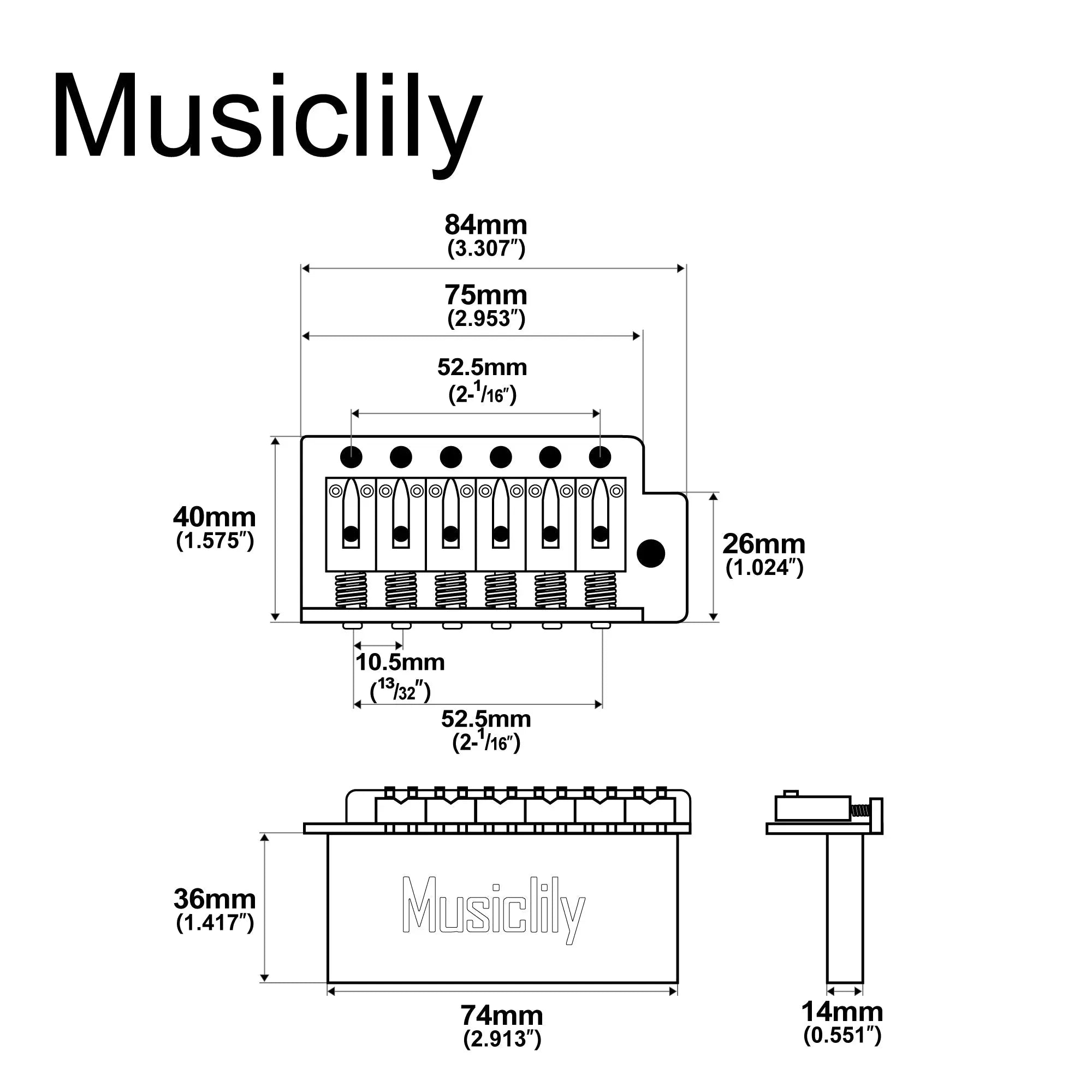Dimensions of musiclily pro 52 5mm 6 screw modern style saddles guitar tremolo bridge with 36mm solid brass block for squier strat style electric guitar mx2590p