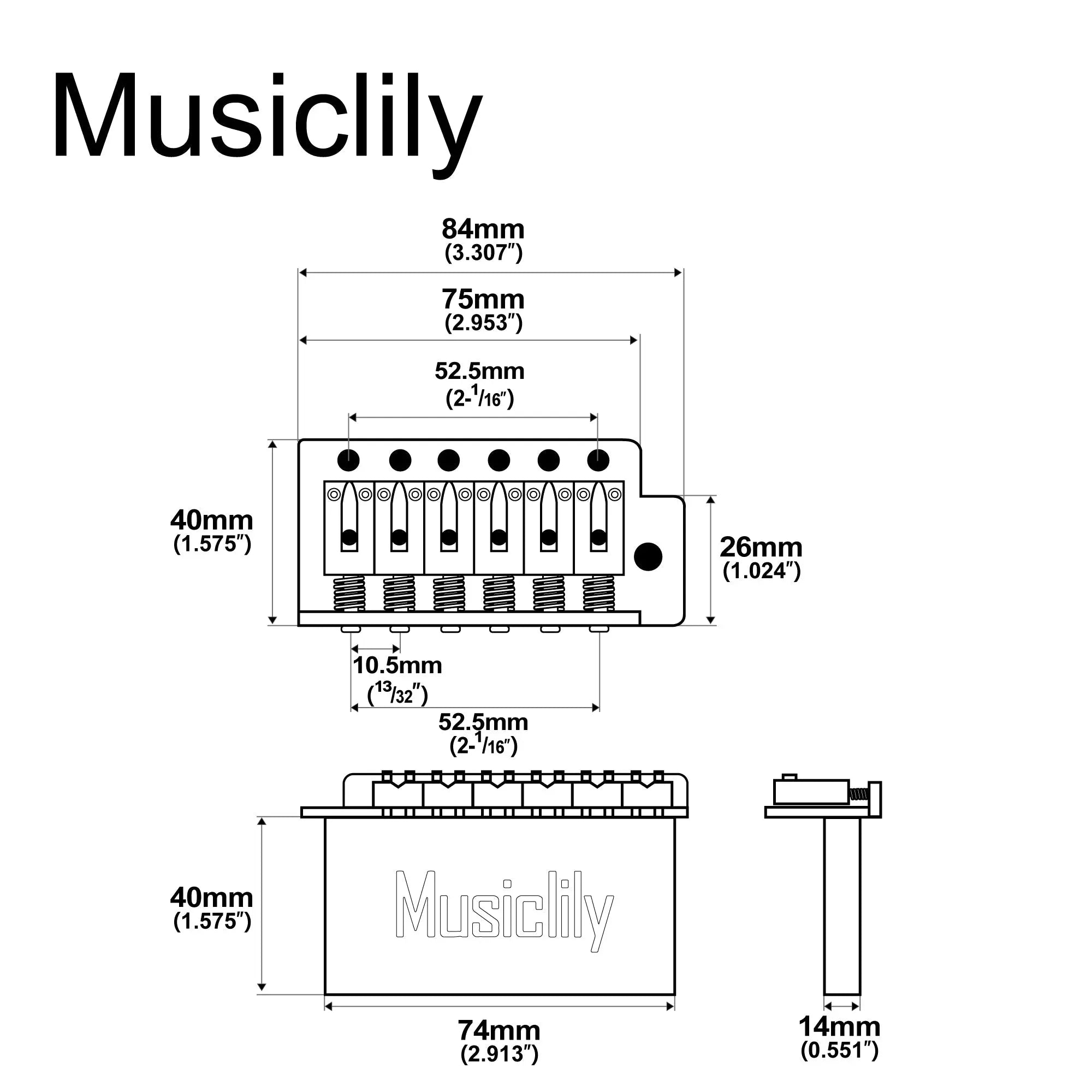 Dimensions of musiclily pro 52 5mm 6 screw modern style saddles guitar tremolo bridge with 40mm brass block for squier strat style electric guitar mx2591p