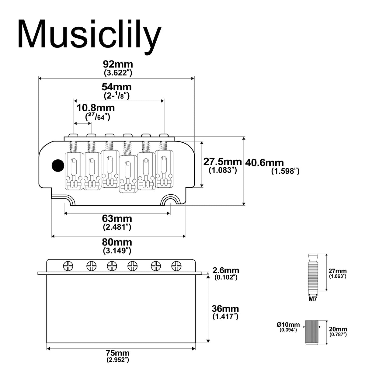 Dimensions of musiclily pro 10 8mm roller saddles 2 point tremolo bridge for imported strat style electric guitar mx2594p