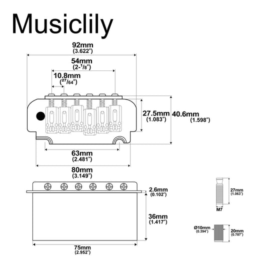 Dimensions of musiclily pro 10 8mm roller saddles 2 point tremolo bridge for imported strat style electric guitar mx2594p