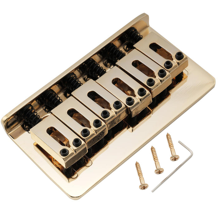 musiclily pro 54mm2 1 8 inch modern hardtail fixed bridge for imported strat tele style electric guitar mx2601p, gold