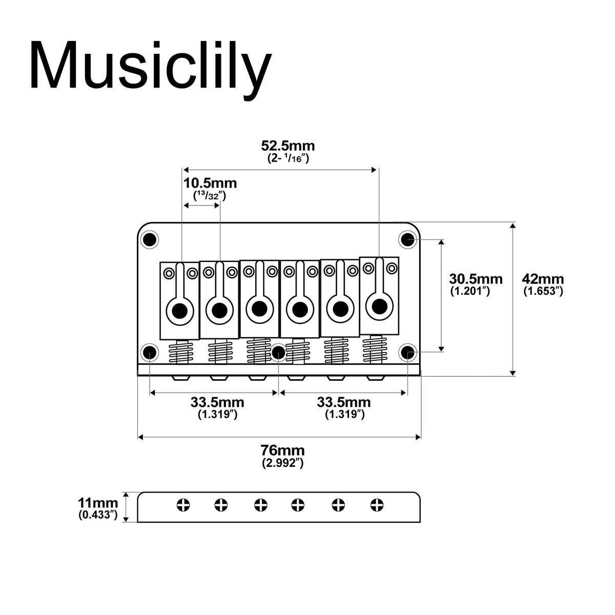Dimensions of musiclily pro 52 5mm2 1 16 inch string spacing prs style saddle hardtail fixed bridge non tremolo bridge for strat tele style electric guitar mx2602p