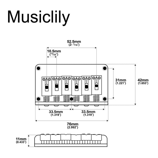 Dimensions of musiclily pro 52 5mm2 1 16 inch modern hardtail fixed bridge for strat tele style electric guitar mx2603p