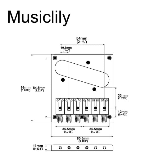 Dimensions of musiclily pro 54mm modern guitar bridge with zinc alloy 6 saddle and steel plate for squier imported tele style electric guitar mx2606p